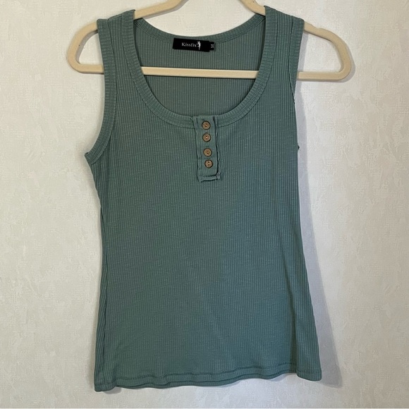 Kissfix Mint Green Fitted Sleeveless Tank Top Summer Blouse Ribbed - Picture 1 of 4